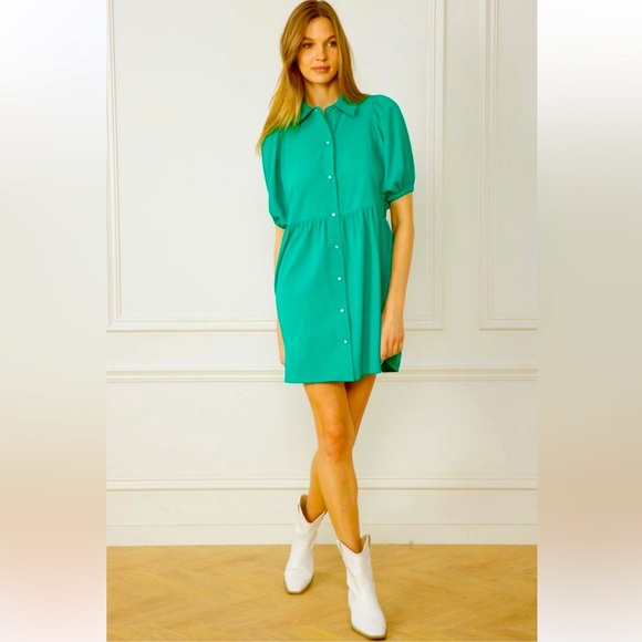 ENTRO Kelly Green Babydoll Style Collared Puff Sleeve Dress Pearl Snap - Picture 1 of 11